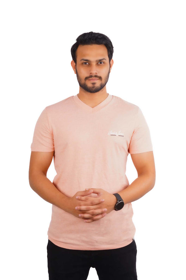 JACK & JONES - EMBROIDERED LOGO-V NECK T-SHIRT | LIGHT PEACH